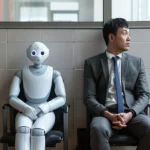 man and robot sitting together