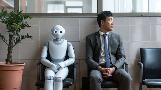 man and robot sitting together